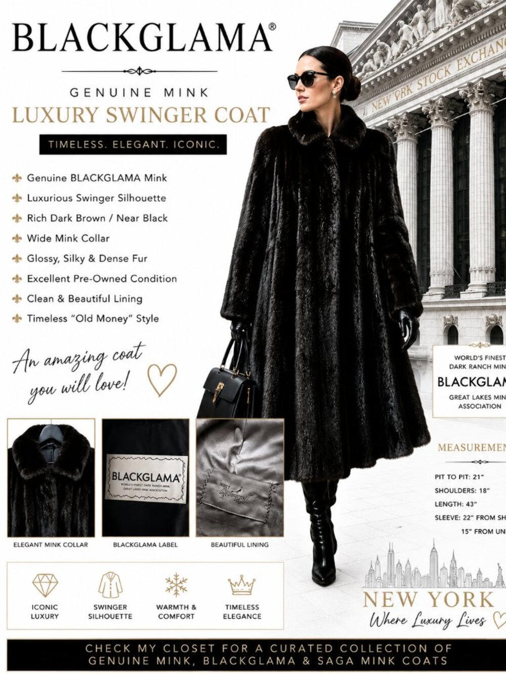 BLACKGLAMA LUXURY GENUINE MINK SWINGER COAT – 43” – LARGE – EXCELLENT CONDITION